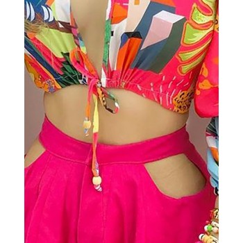 Women New Colorblock Lantern Sleeve Crop Top & Cutout Plain Shorts Set Summer Casual Sexy Hollow Out Shirt 2PCS Suit Sets